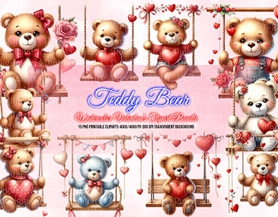 watercolor valentine teddy bear clipart bundle