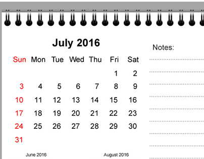 July 2016 Printable Calendar with Notes