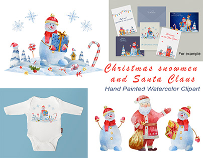 Watercolor Christmas snowmen and Santa. Clipart