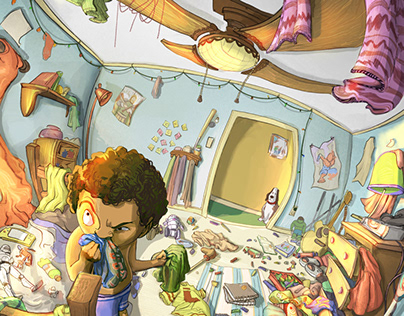 Kid lit, picture book, cluttered room, dog, fish eye