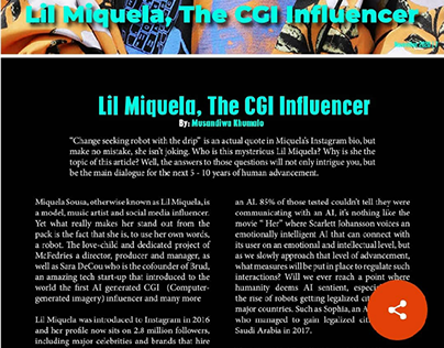 Lil Miquela CGI infulencer article on alpha magazine.