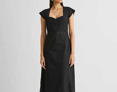 Ruched Dress with Front Slit in Black