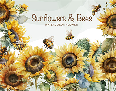 Sunflowers and Bees Watercolor Clipart