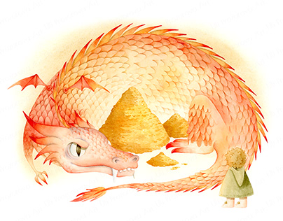 Watercolor illustration 'The Hobbit" with dragon