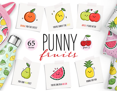 Punny Fruits 2 - patterns and cards with kawaii fruits