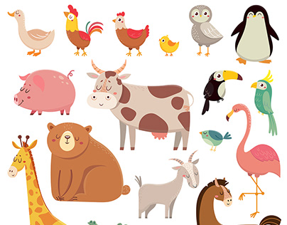 Cartoon animals and birds