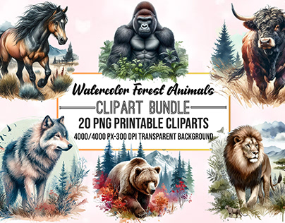 Watercolor Forest Animals Clipart Bundle