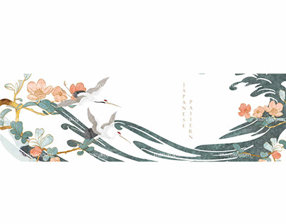 Crane birds vector. Japanese background with watercolor