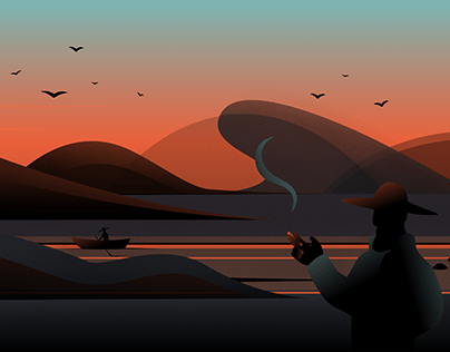 Fishing at sunset | Illustration