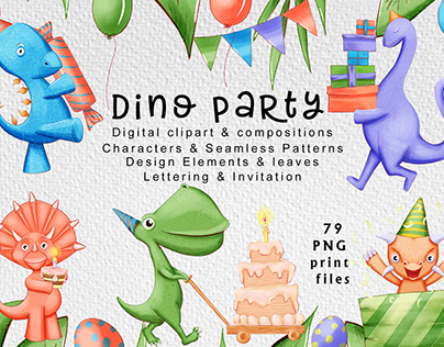Cute dinosaur party digital clipart 100% hand-drawn