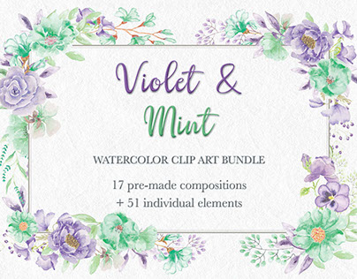 Watercolor clip art bundle in violet and mint blooms