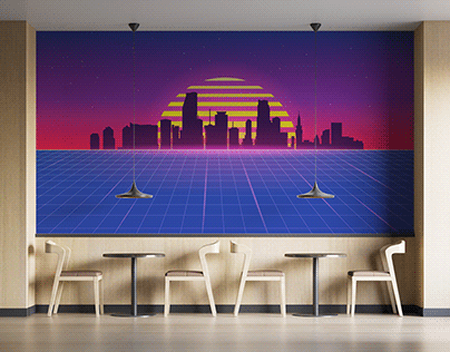 80s illustration with rising sun and miami skyline