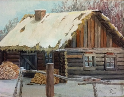 Winter in the Russian village. Oil on canvas.
