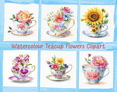 Watercolour Teacup Flowers Clipart