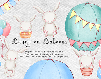 Bunny on balloons digital clipart