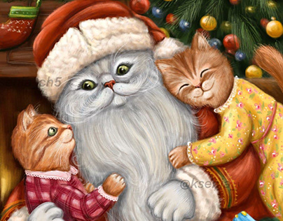 Cat Santa Claus with kittens