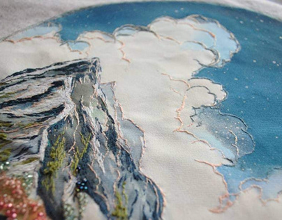 Hand-painted and embroidered mountains.