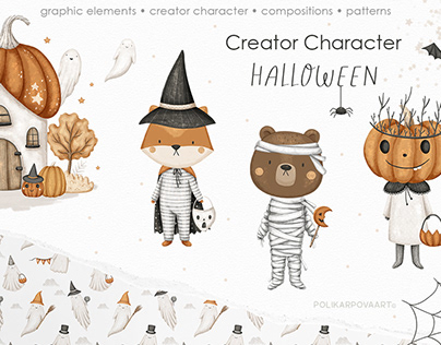 Creator character Halloween. Illustration and patterns