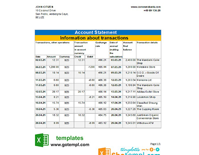 Belize Commerzbank bank statement template in Excel PDF