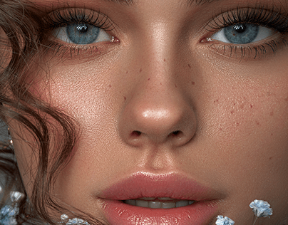 Beautiful blue eyed woman with freckles and full lips