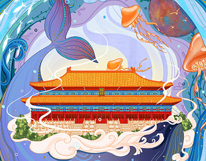 新中国风古建筑太庙蓝鲸游插画