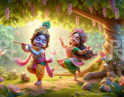 Hindu Gods Radha Krishna dancing in the garden