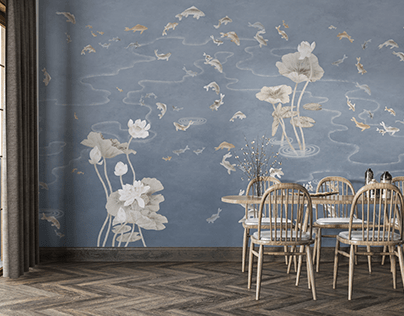 Koi fish. Chinoiserie mural wallpaper design