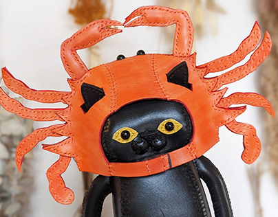 Leather handmade black cat doll with crab hat