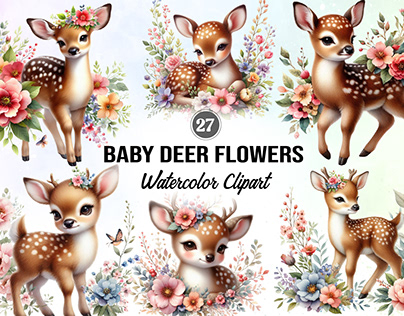 Baby Deer Flowers Watercolor Clipart