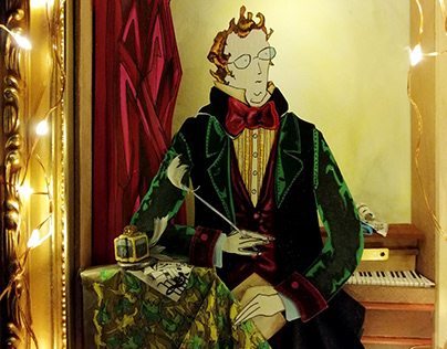 Diorama/portrait of Franz Schubert paper & wood