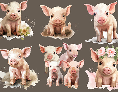 Baby pig clipart farm animals watercolor set.