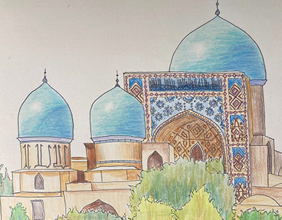 Kok Gumbaz Mosque, Uzbequistan - Urban Sketch