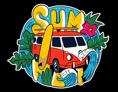 Summer surfing van vector illustration