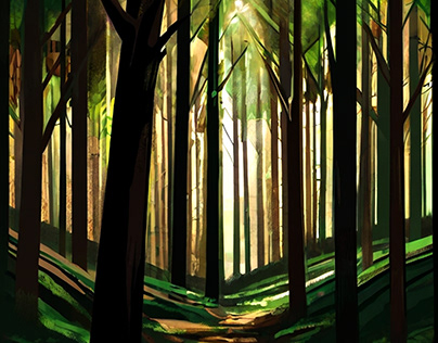 Digital painting of a mysterious forest.