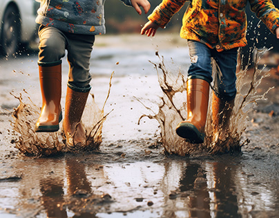 Children in rubber boots jumping on puddles