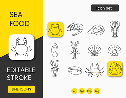Seafood, crustaceans and mollusks, icons.