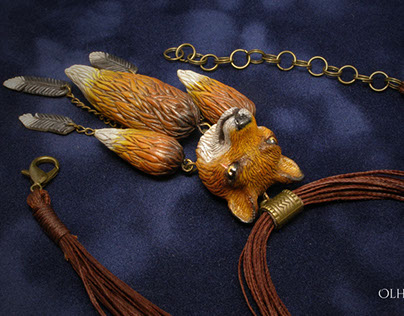 Fox-Shaman Necklace of Polymer Clay, Handmade Jewelry