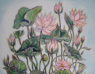 Painting "Lotuses on a blue bakground"
