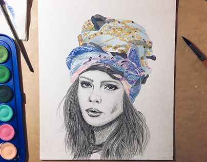 Portrait of a woman in silk scarf headdress