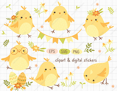 Easter chicks clipart and seamless patterns