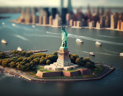 Tilt Shift aerial view of Statue of Liberty