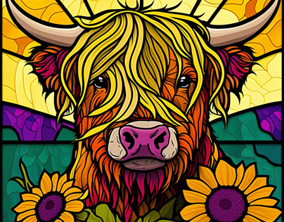 Highland Cow Sunflower Stained Glass