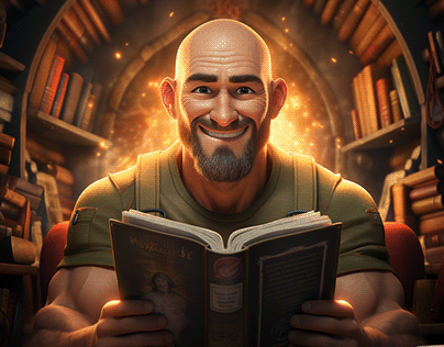 Bald Strong physique man Is reading a book