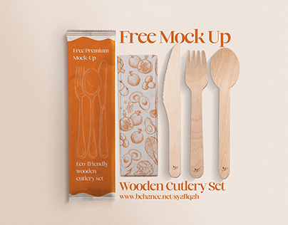 Free Mock Up - Wooden cutlery set in paper packet