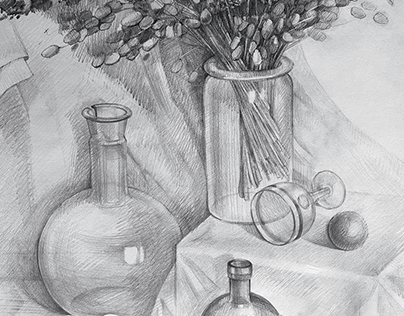 Still life with dried flowers. Pencil drawing