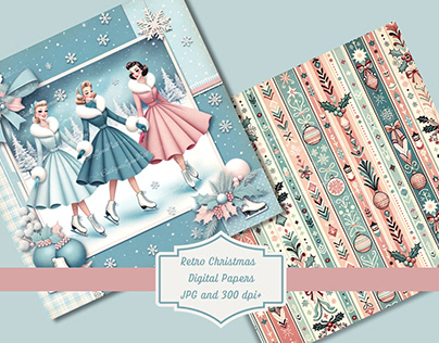 Retro Christmas Pink and Blue Christmas Digital Paper