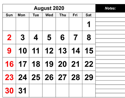 august 2020 calendar