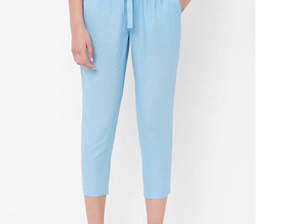 Checkout Women's Linen Blue Regular Fit Pants