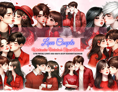 Watercolor Valentine's Love Couple Clipart Bundle