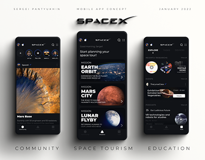 SpaceX app concept. Social Media, Tourism, Education